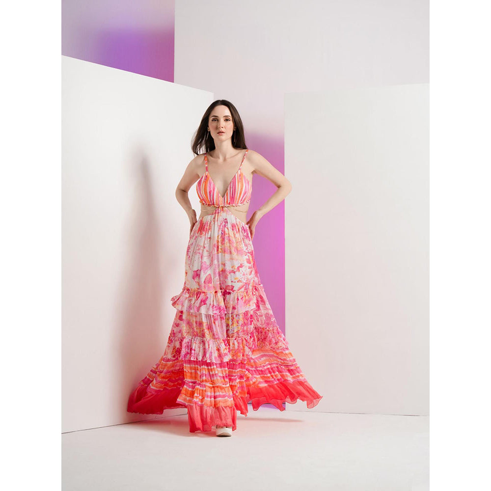 MANDIRA WIRK Pink Fancy Fusion Full Length Dress with Stylized Chain At Waist and Tie Up Back