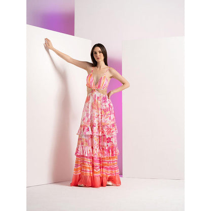 MANDIRA WIRK Pink Fancy Fusion Full Length Dress with Stylized Chain At Waist and Tie Up Back