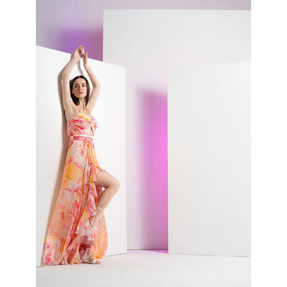 MANDIRA WIRK Peach Raw Crystal Asymmetric Dress with Embroidered Strap