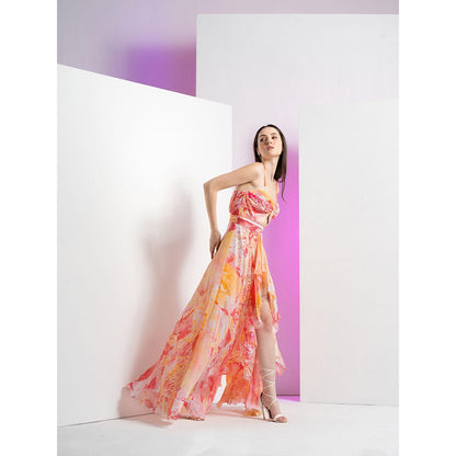 MANDIRA WIRK Peach Raw Crystal Asymmetric Dress with Embroidered Strap