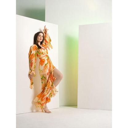 MANDIRA WIRK Orange Lilium Chiffon Dress with Waist Buckle Details