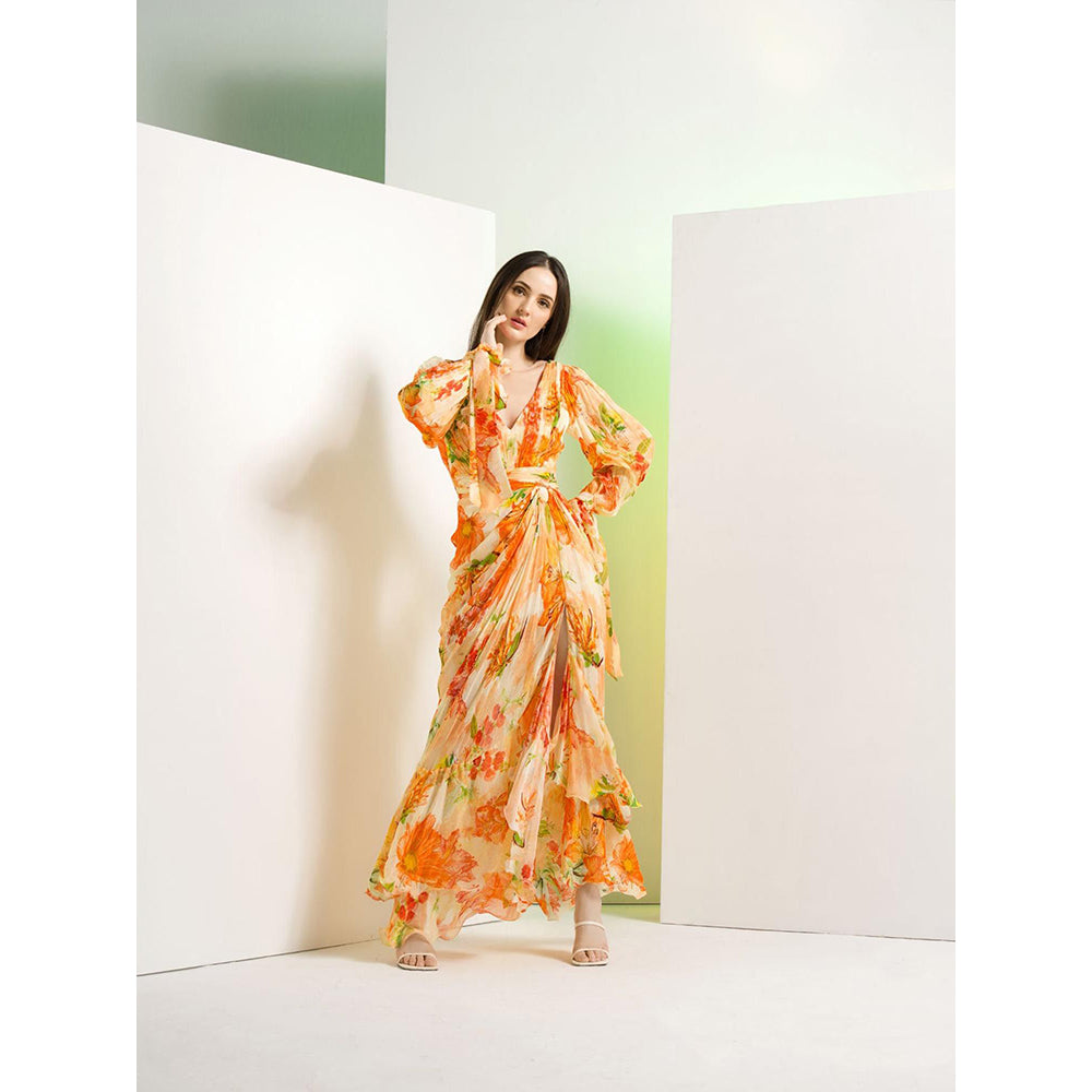 MANDIRA WIRK Orange Lilium Chiffon Dress with Waist Buckle Details