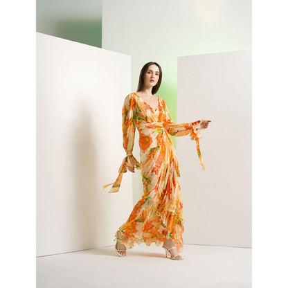 MANDIRA WIRK Orange Lilium Chiffon Dress with Waist Buckle Details