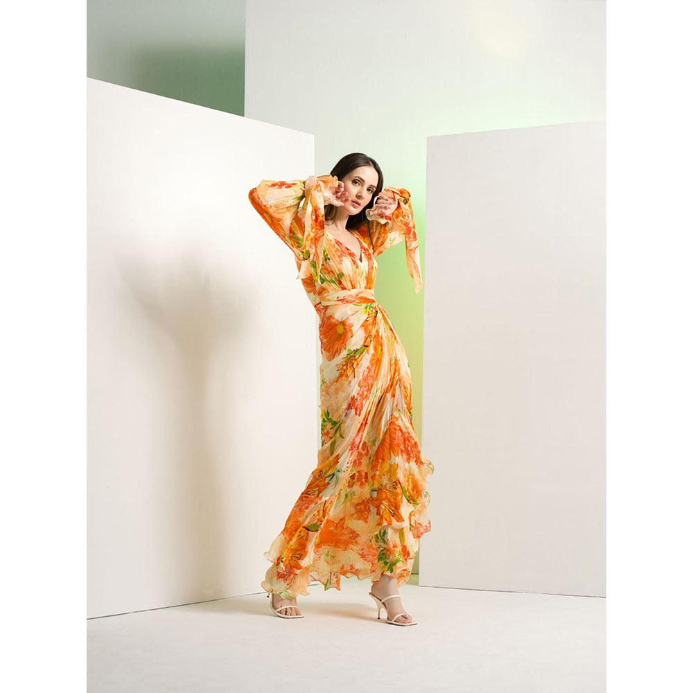 MANDIRA WIRK Orange Lilium Chiffon Dress with Waist Buckle Details