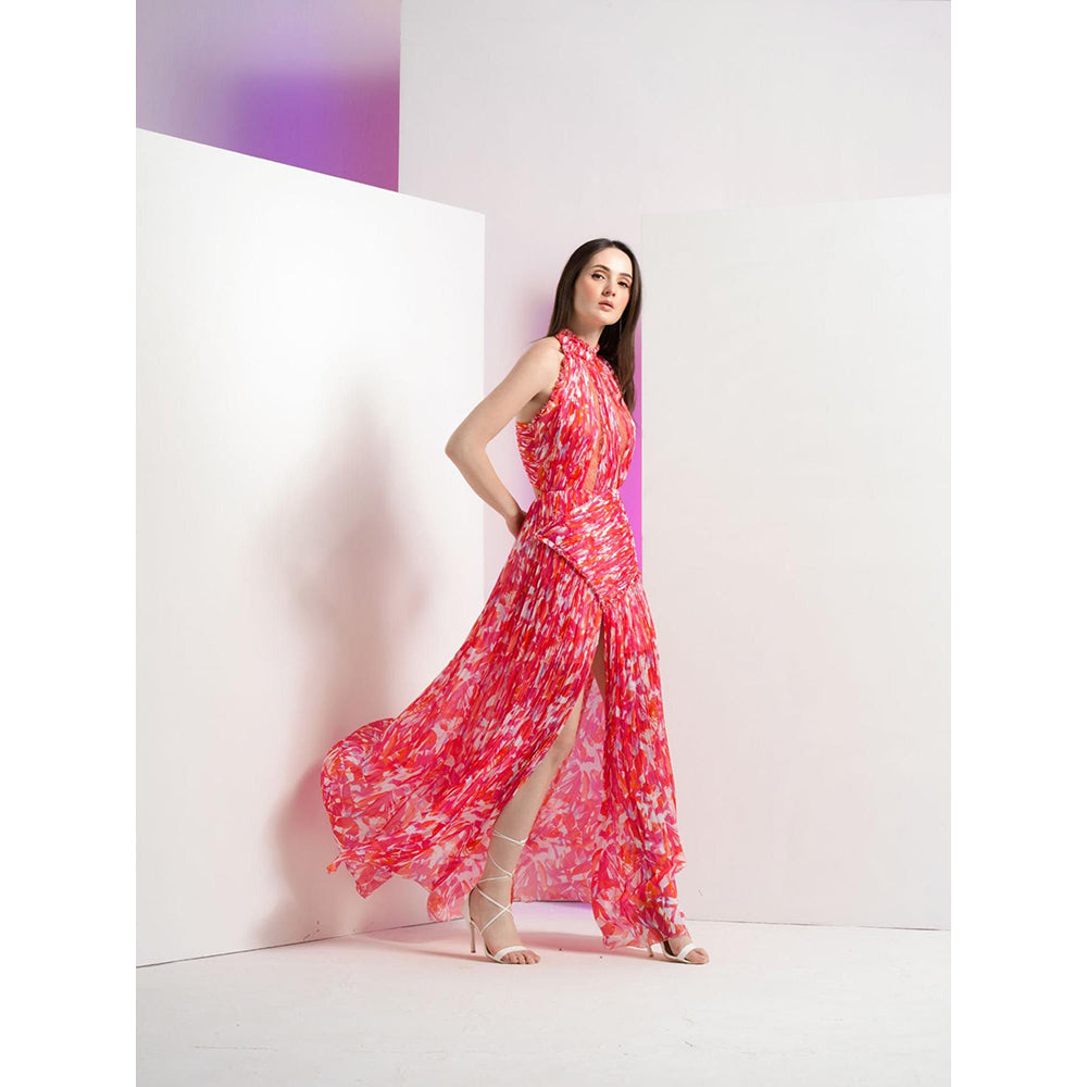 MANDIRA WIRK Pink Geometric Chaos Full Length Dress with Stylized Back