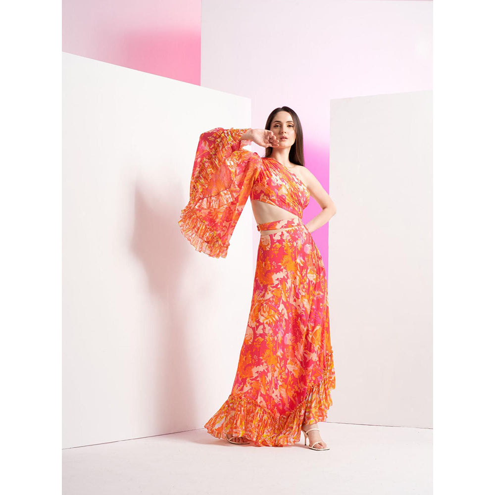 MANDIRA WIRK Pink Twisted Femme Asymmetric Full Length Dress with Stylized Ring At Waist