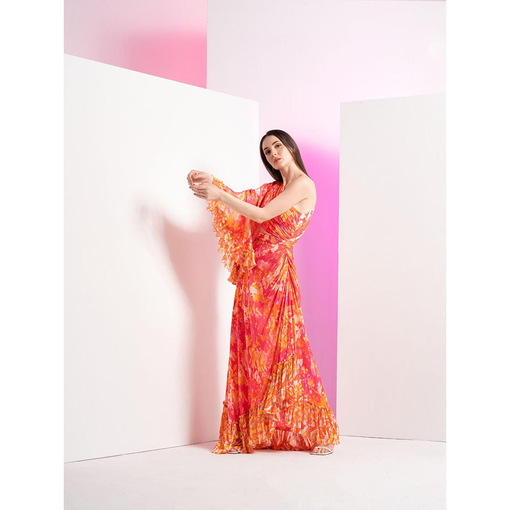 MANDIRA WIRK Pink Twisted Femme Asymmetric Full Length Dress with Stylized Ring At Waist