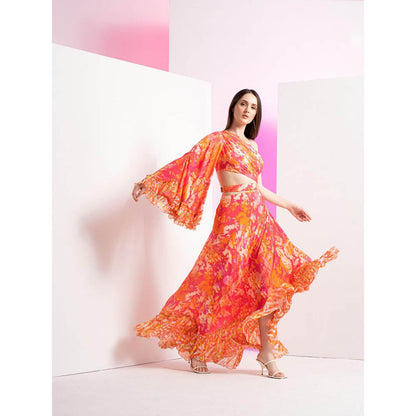 MANDIRA WIRK Pink Twisted Femme Asymmetric Full Length Dress with Stylized Ring At Waist