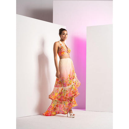 MANDIRA WIRK Ivory Dainty Floret Asymmetric Dress with Back Tie Up