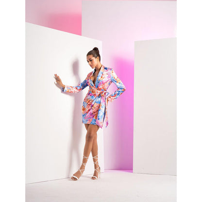 MANDIRA WIRK Blue Floral Camo Romper Dress with Back Fastening and Fabric Belt (Set of 2)
