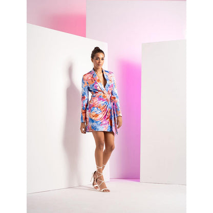 MANDIRA WIRK Blue Floral Camo Romper Dress with Back Fastening and Fabric Belt (Set of 2)