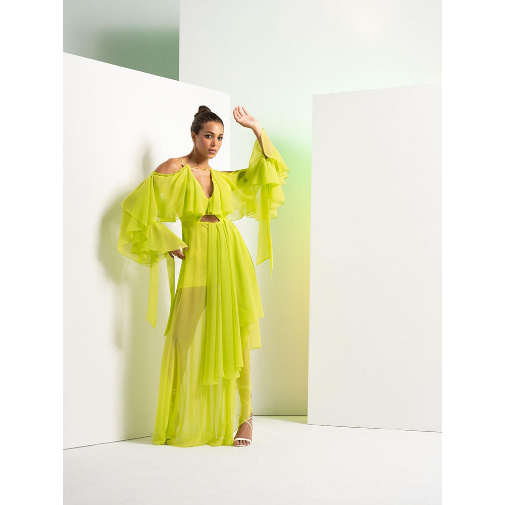 MANDIRA WIRK Lime Green Asymmetric Dress with Cascade Sleeve