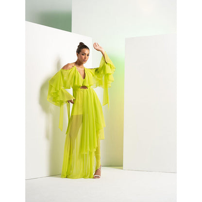 MANDIRA WIRK Lime Green Asymmetric Dress with Cascade Sleeve