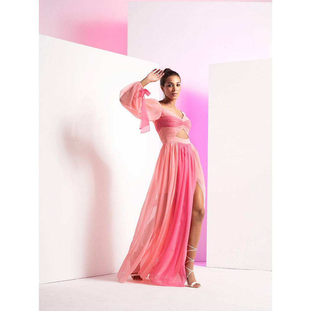 MANDIRA WIRK Fondant Pink Long Dress with Sleeve Tie-Up and Front Slit In Skirt
