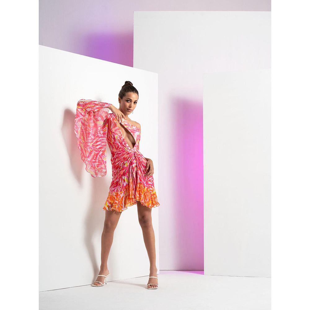 MANDIRA WIRK Pink Twisted Leaf Short Dress with Front Cut Out Detailed with Ring