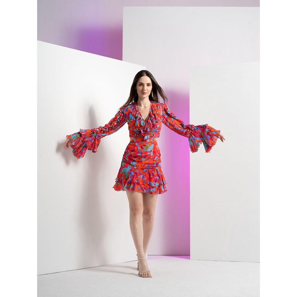 MANDIRA WIRK Multi Printed Mesh Short Dress with Ruffle At Neck
