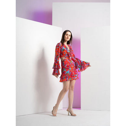 MANDIRA WIRK Multi Printed Mesh Short Dress with Ruffle At Neck