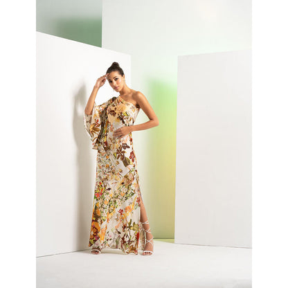 MANDIRA WIRK Ochre Floral Rush Printed Satin One Shoulder Dress