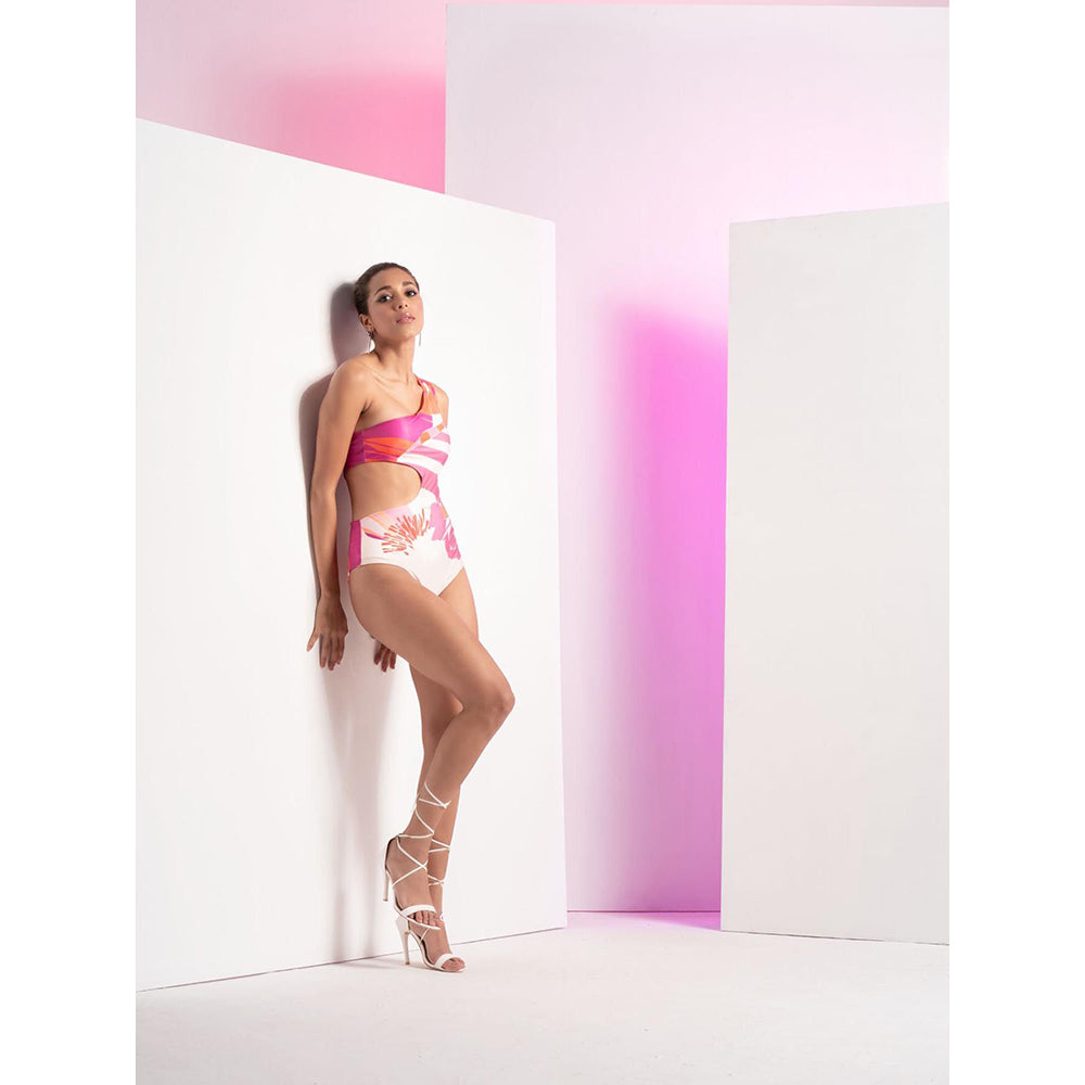 MANDIRA WIRK Pink Abstract Muse One Shoulder Body Suit with Side Cut (Set of 2)