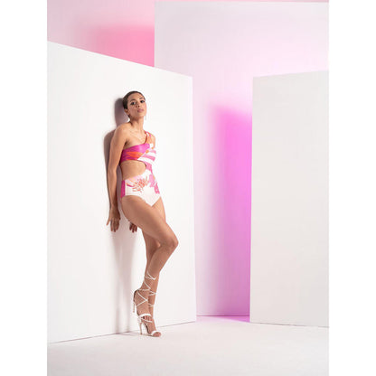 MANDIRA WIRK Pink Abstract Muse One Shoulder Body Suit with Side Cut (Set of 2)