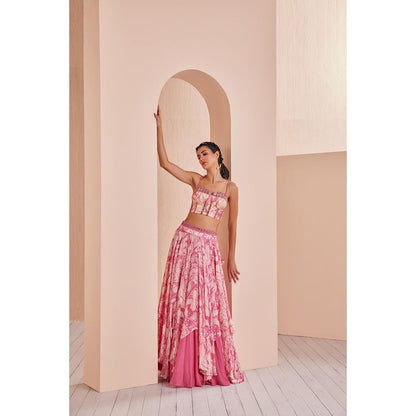 MANDIRA WIRK Printed Chiffon Lehenga Paired Up with Blouse and Cape (Set of 3)