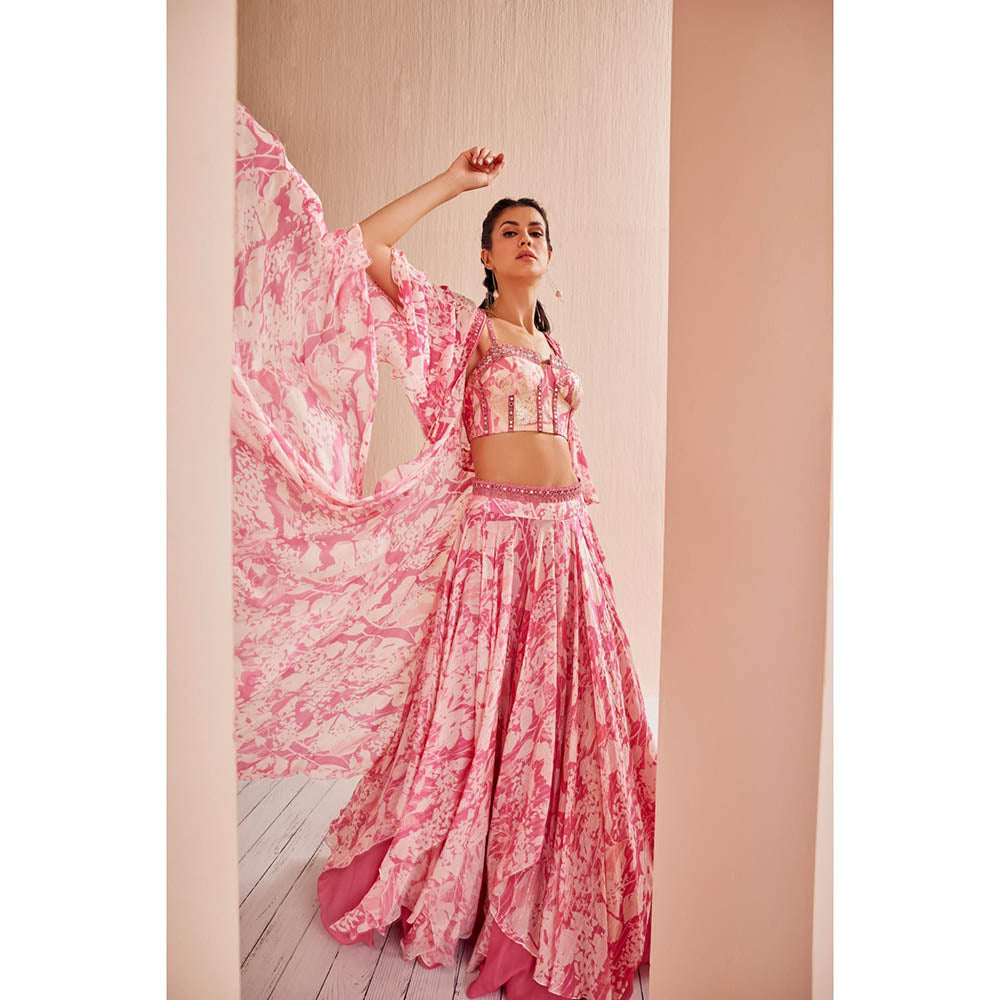 MANDIRA WIRK Printed Chiffon Lehenga Paired Up with Blouse and Cape (Set of 3)