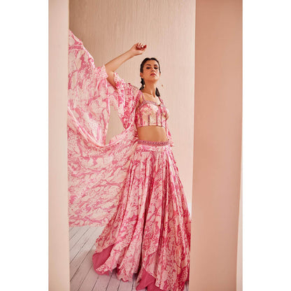 MANDIRA WIRK Printed Chiffon Lehenga Paired Up with Blouse and Cape (Set of 3)