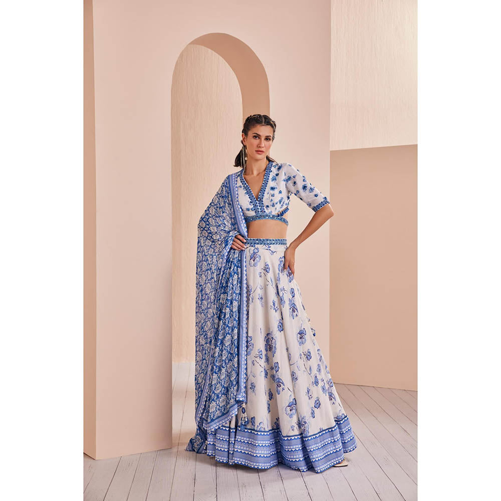 MANDIRA WIRK Blue Chanderi Printed Lehenga with Blouse and Dupatta (Set of 3)