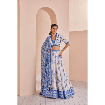 MANDIRA WIRK Blue Chanderi Printed Lehenga with Blouse and Dupatta (Set of 3)