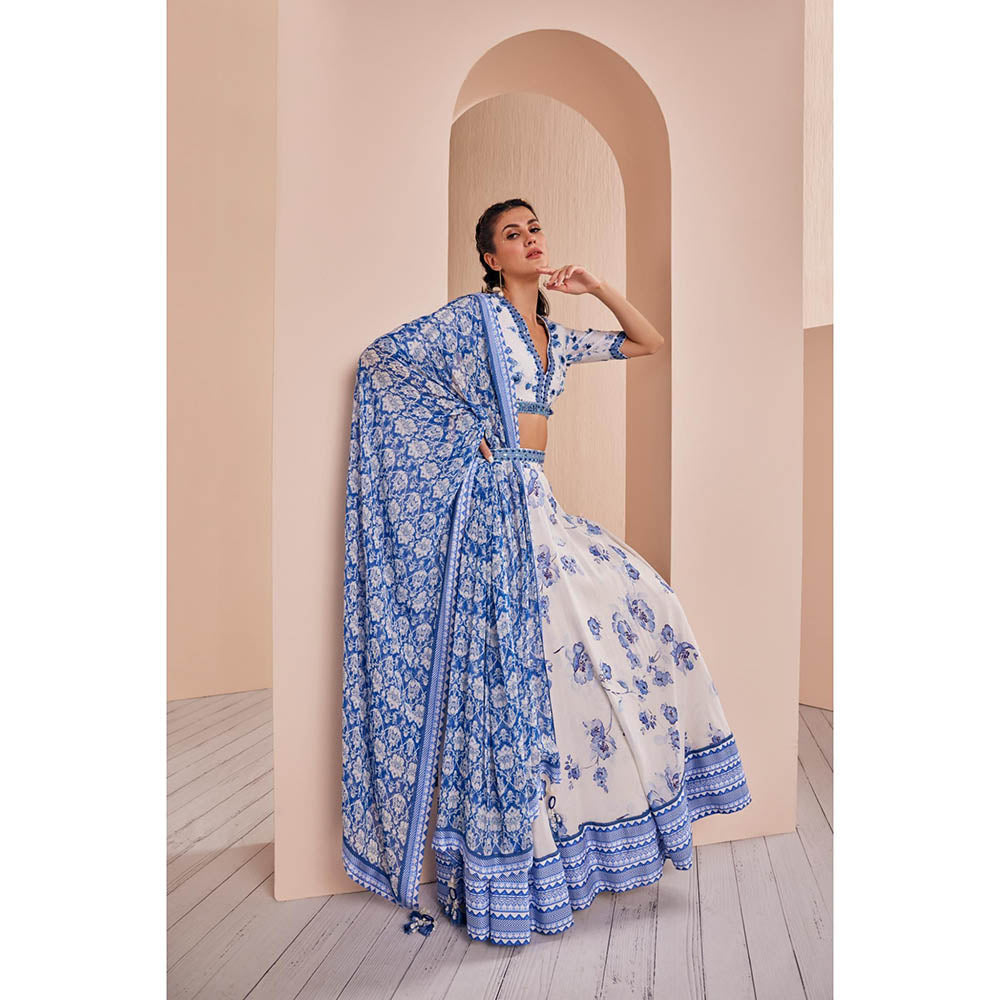 MANDIRA WIRK Blue Chanderi Printed Lehenga with Blouse and Dupatta (Set of 3)