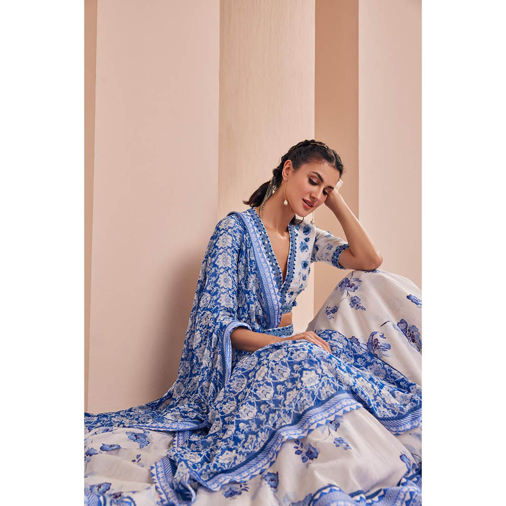 MANDIRA WIRK Blue Chanderi Printed Lehenga with Blouse and Dupatta (Set of 3)