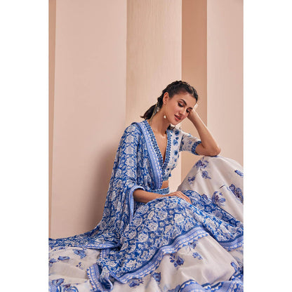 MANDIRA WIRK Blue Chanderi Printed Lehenga with Blouse and Dupatta (Set of 3)