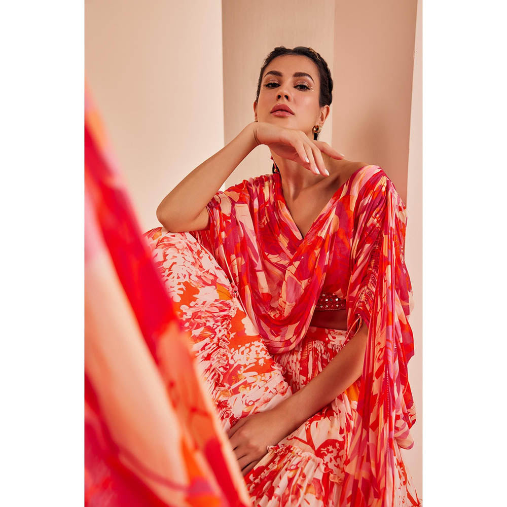 MANDIRA WIRK Stylized Draped Blouse Detailed Rushed Sleeve with Chiffon Lehenga (Set of 3)