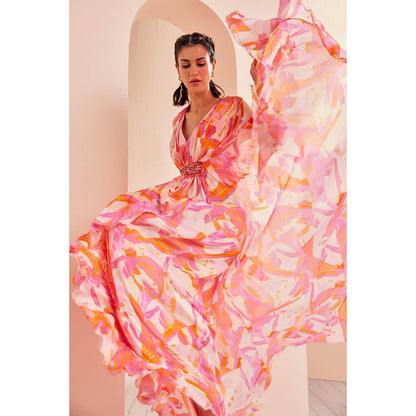 MANDIRA WIRK Front Belt Embroidery Detailed Printed Chiffon Asymmetrical Pleated Kaftan