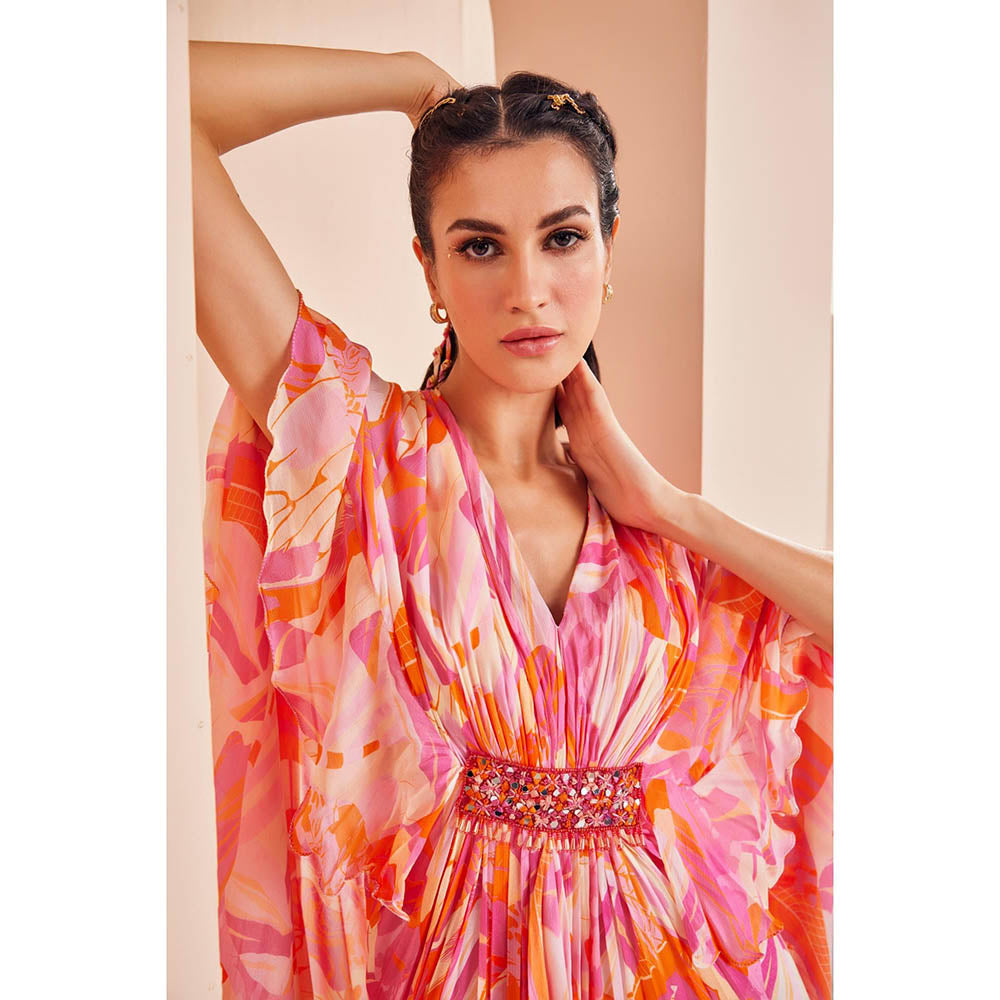 MANDIRA WIRK Front Belt Embroidery Detailed Printed Chiffon Asymmetrical Pleated Kaftan