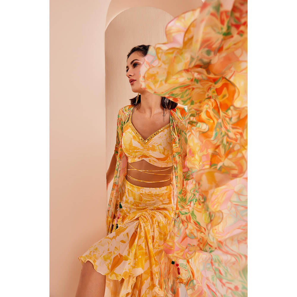 MANDIRA WIRK Fluorescent Yellow Printed Blouse with Asymmetric Skirt and Cape (Set of 3)