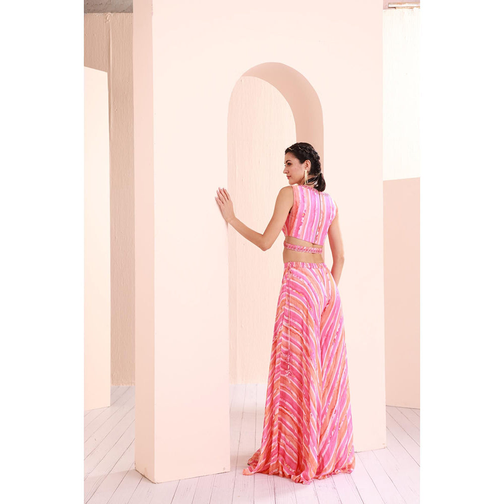MANDIRA WIRK Pink Printed Chiffon Blouse and Sharara with Cape (Set of 3)
