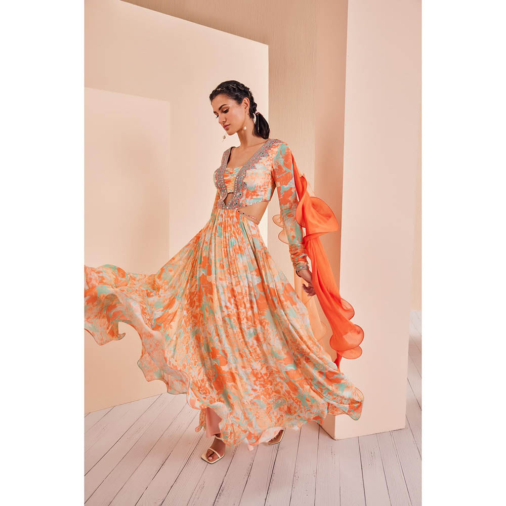 MANDIRA WIRK Embroidered Anarkali Paired with Churidar and Delicate Chiffon Dupatta (Set of 3)