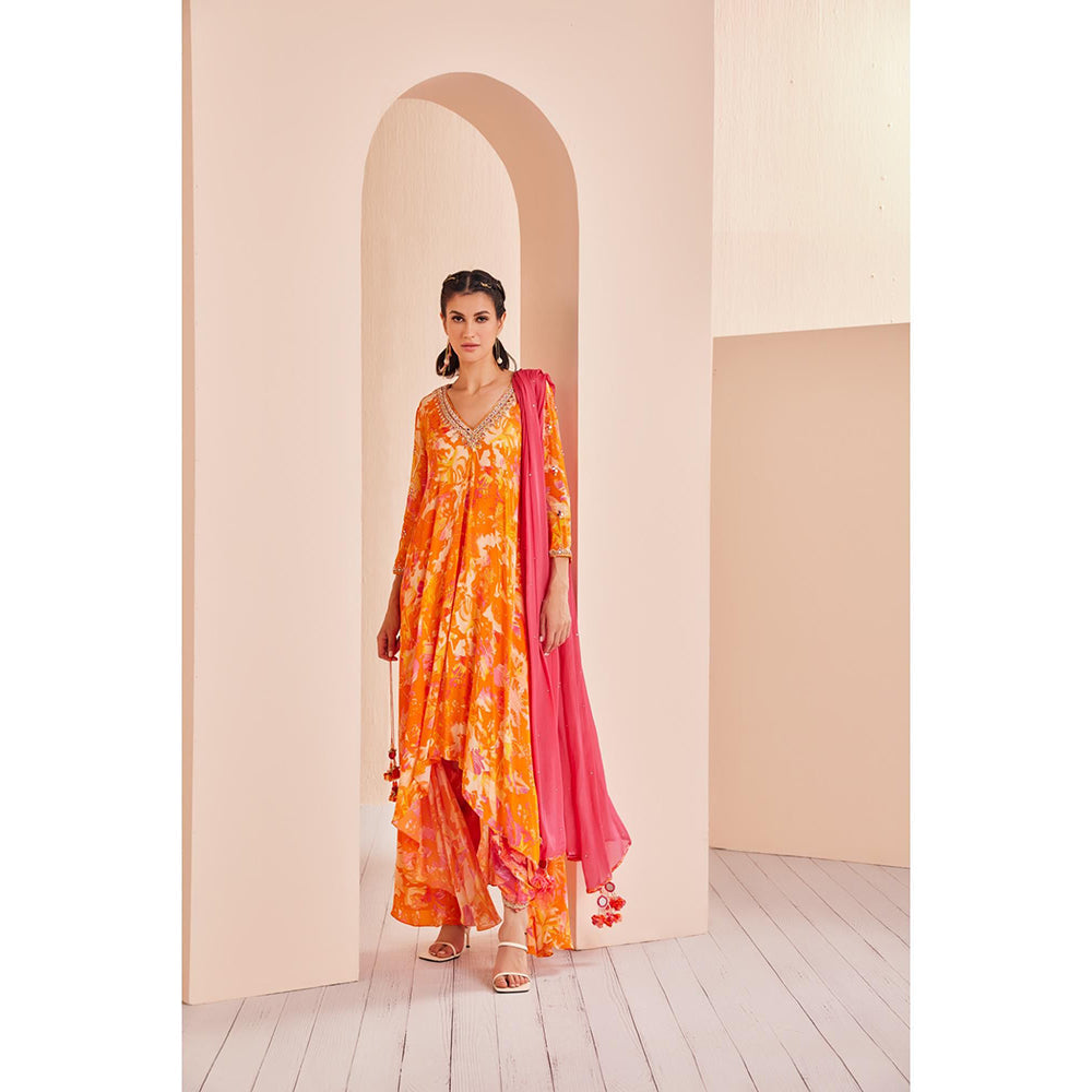 MANDIRA WIRK Printed Crepe Asymmetric Embroidered Kurti with Dhoti and Dupatta (Set of 3)