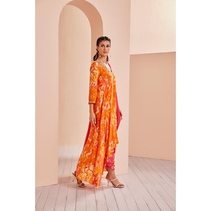 MANDIRA WIRK Printed Crepe Asymmetric Embroidered Kurti with Dhoti and Dupatta (Set of 3)