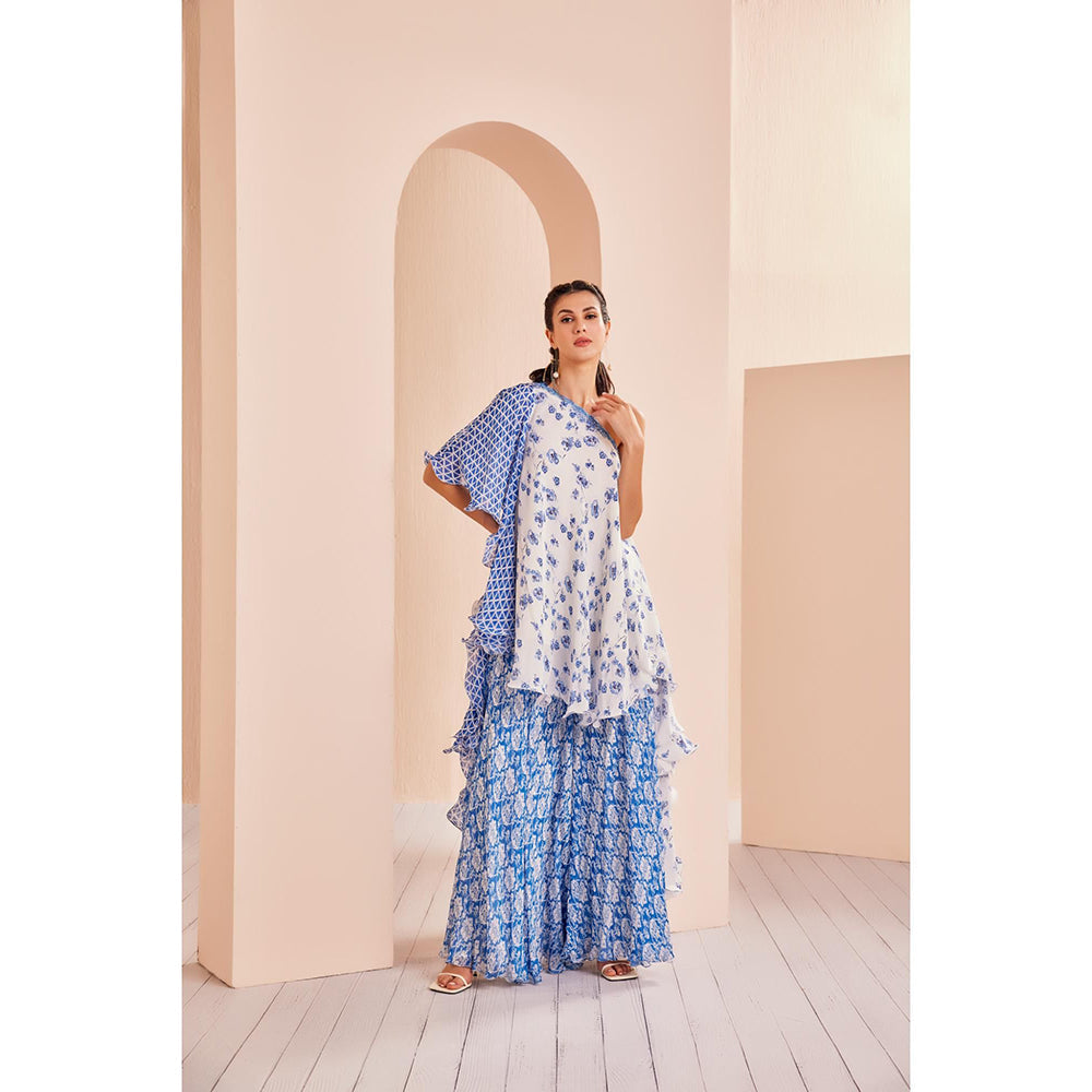 MANDIRA WIRK Blue Printed One Shoulder Stylized Chiffon Top with Sharara (Set of 2)