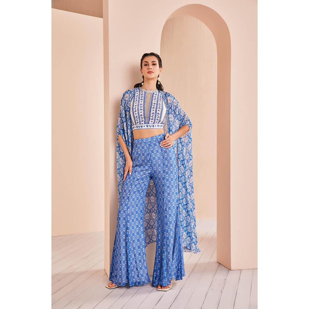 MANDIRA WIRK Blue Printed Embroidered Blouse with Sharara and Cape (Set of 3)
