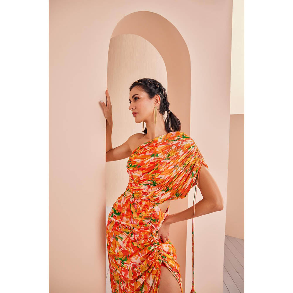 MANDIRA WIRK Yellow Mesh Printed Rushed Dress