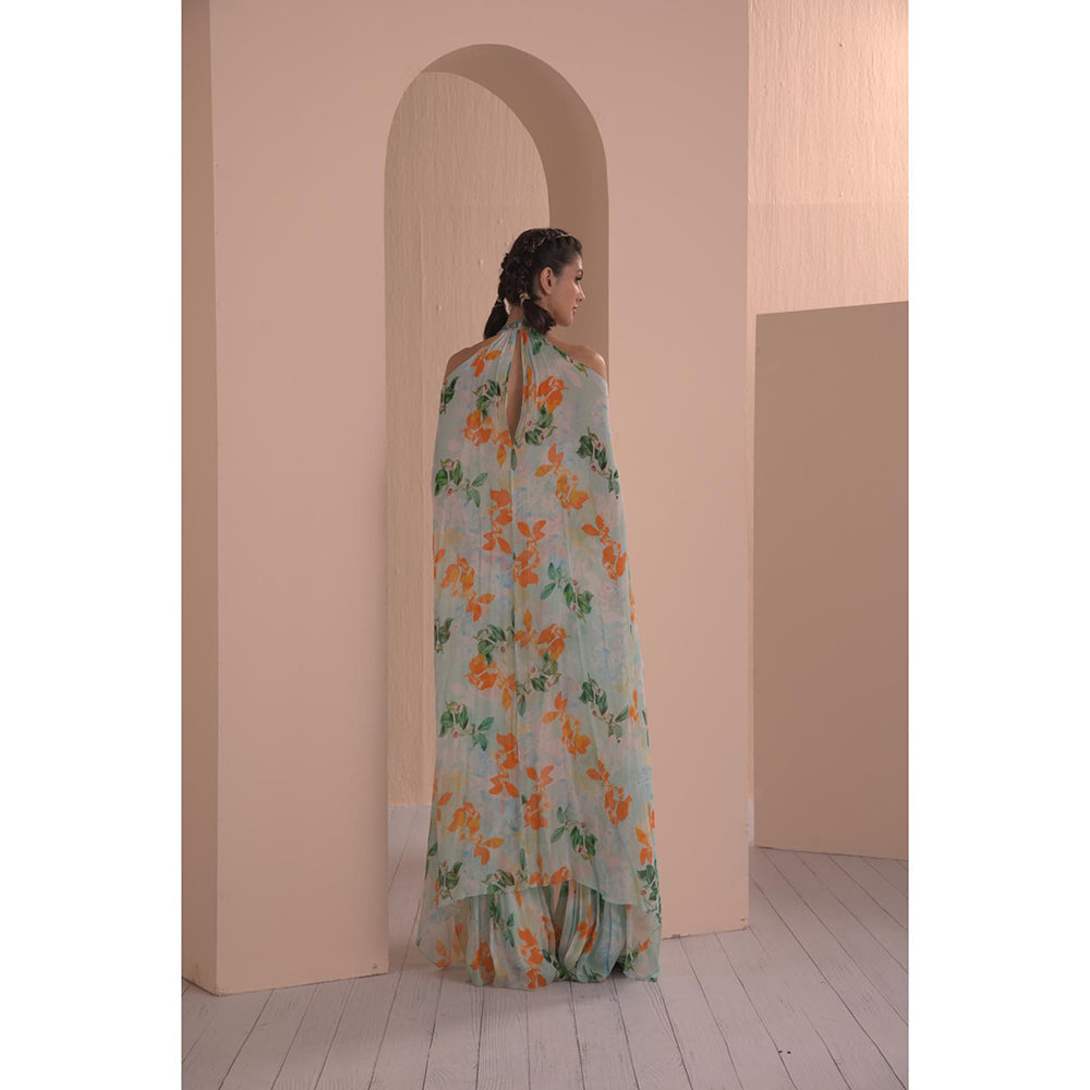 MANDIRA WIRK Sage Canna Floret Chiffon Printed Halter Neck Jumpsuit
