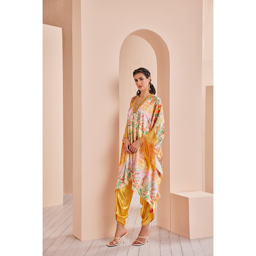 MANDIRA WIRK Yellow Leafy Ash Printed Satin Kaftan Kurta and Dhoti (Set of 2)