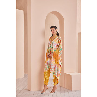 MANDIRA WIRK Yellow Leafy Ash Printed Satin Kaftan Kurta and Dhoti (Set of 2)
