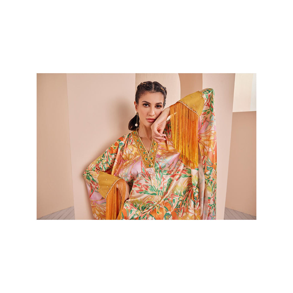 MANDIRA WIRK Yellow Leafy Ash Printed Satin Kaftan Kurta and Dhoti (Set of 2)