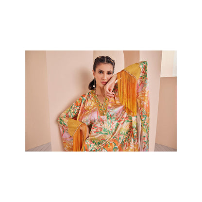 MANDIRA WIRK Yellow Leafy Ash Printed Satin Kaftan Kurta and Dhoti (Set of 2)