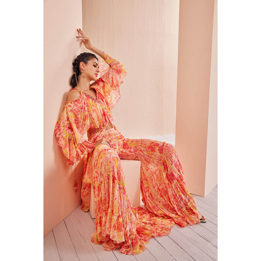 MANDIRA WIRK Red Pancy Daisy Chiffon Butterfly Kurta Top with Tiered Sharara (Set of 2)