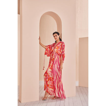MANDIRA WIRK Pink Printed Chiffon Kaftan (Set of 2)